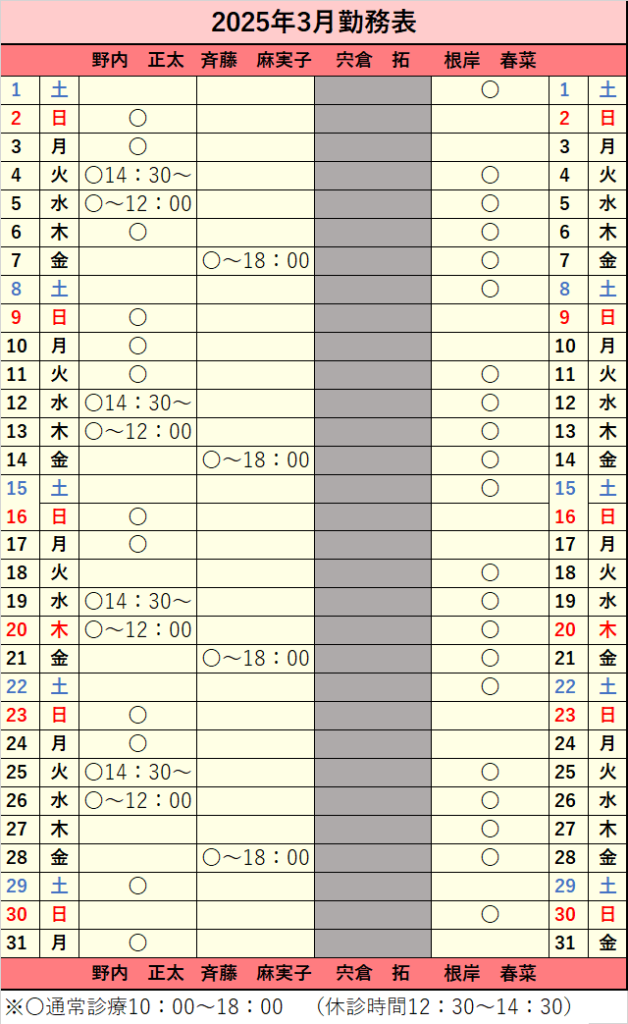 2025年3月シフト表