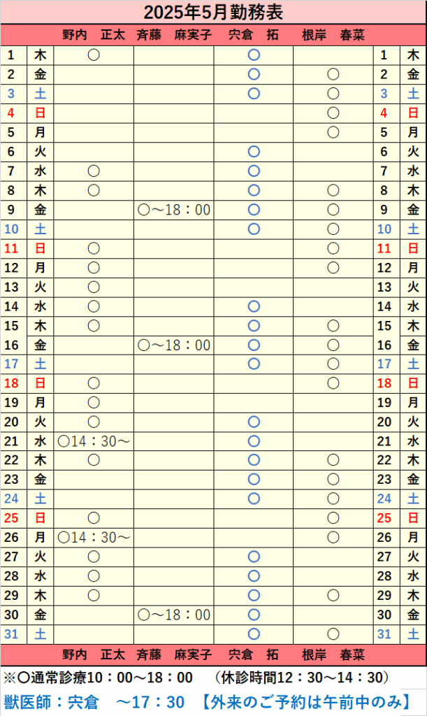 2025年5月シフト表