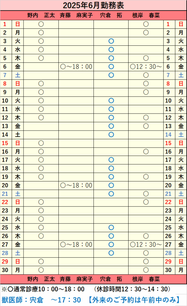 2025年6月シフト表