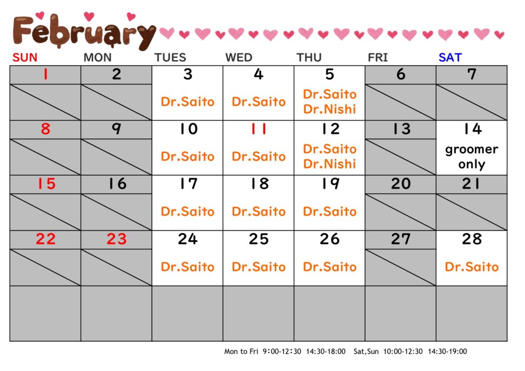 2026年2月の診療日（英語）