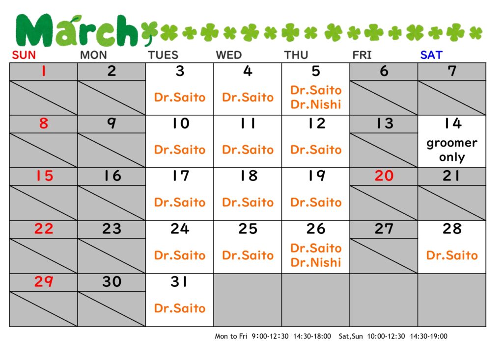 2026年3月の診療日（英語）